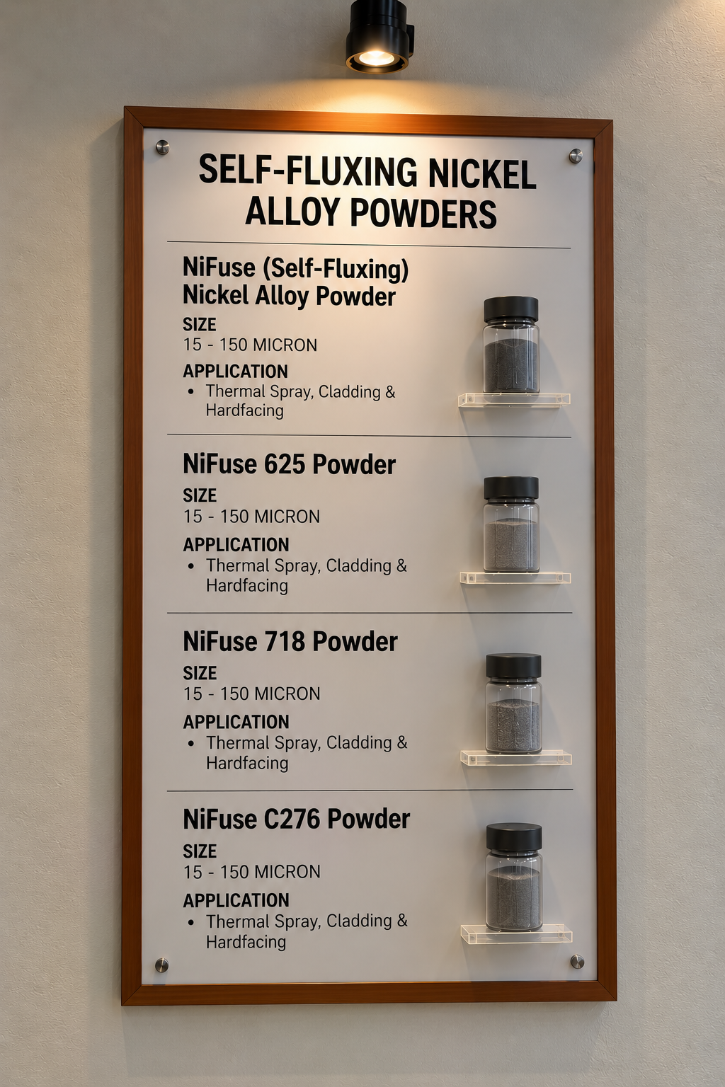 Thermal Spray, Cladding & Hardfacing powder display board