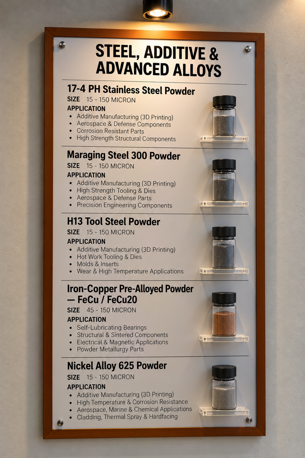 Additive Manufacturing & Advanced Alloys powder display board