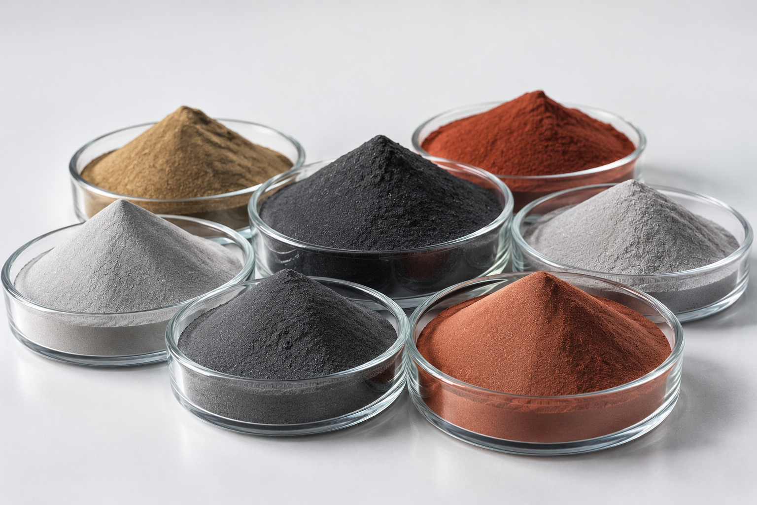 Metal powder samples in glass dishes